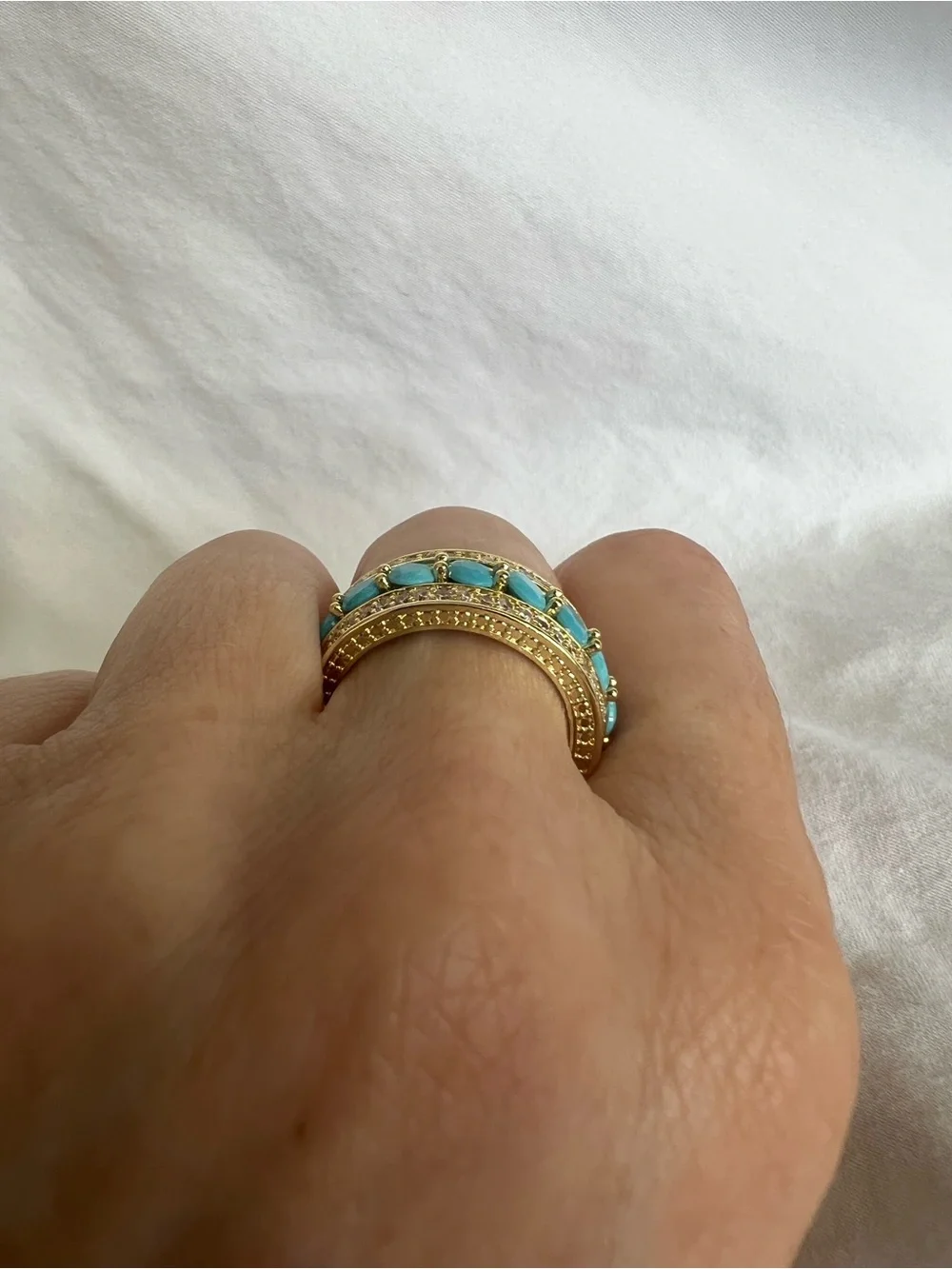 Gold Turquoise Band Ring with Crystal Accents